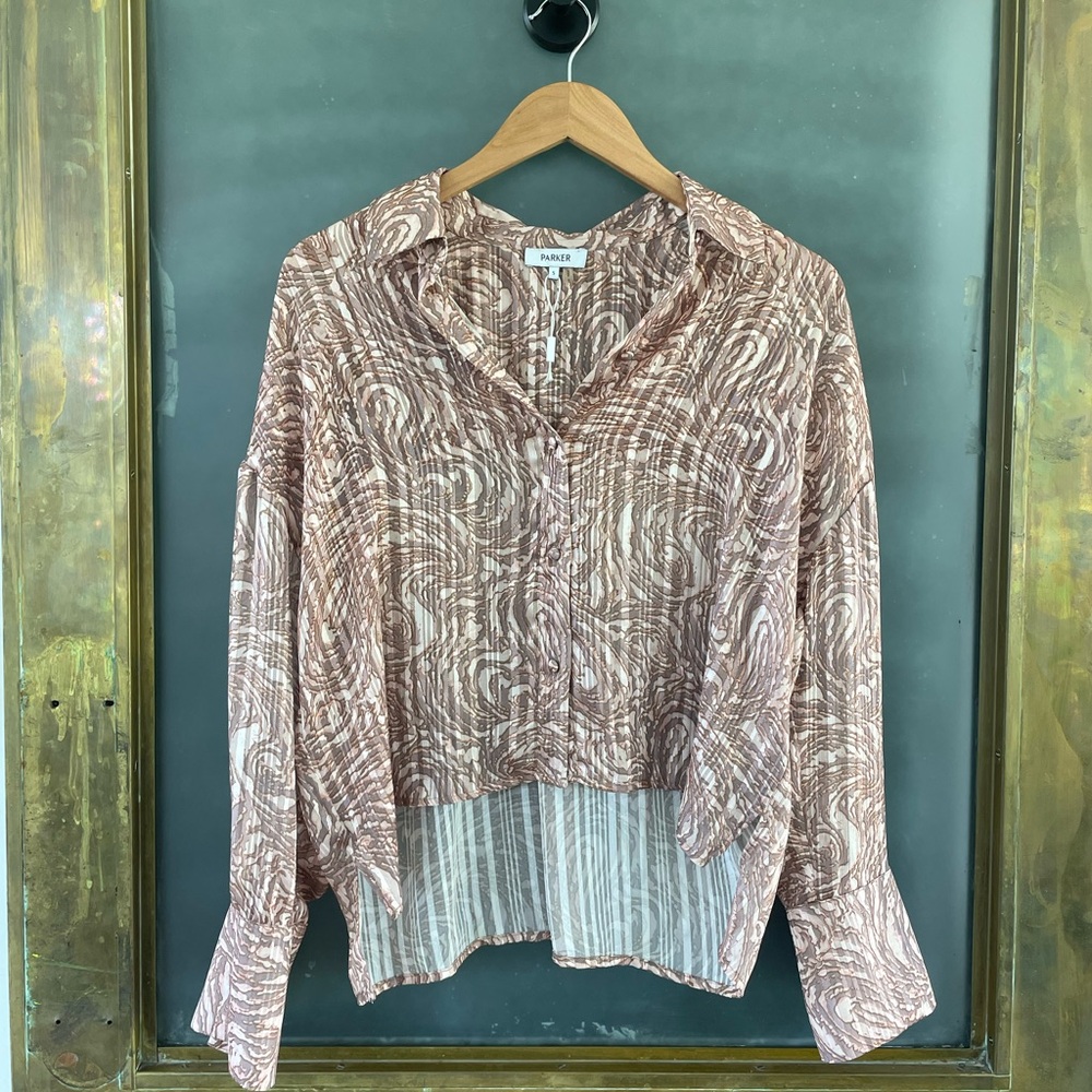 New Parker Sheer Abstract Swirl Button Down Blouse Size Small Metallic Gold